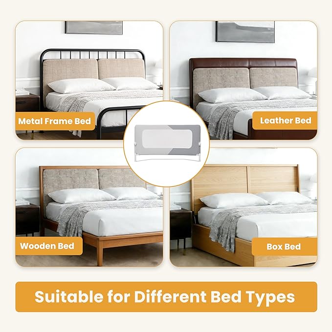 Foldable Bed Rail, 57in Reinforced Carbon Steel Frame & Connectors, Breathable Cationic Fabric - Safety Bed Rail Fits Queen, King, Twin, Full, No-Tool Easy Setup