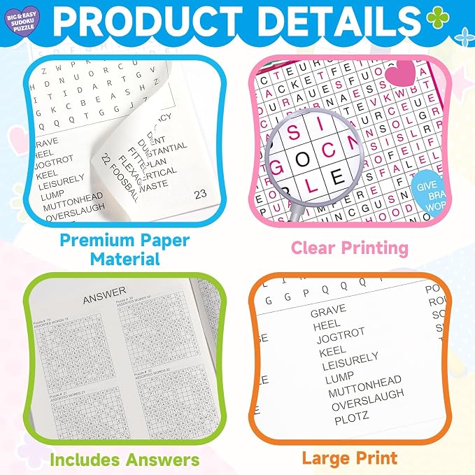 4 Pack Large Word Search Puzzle Books for Adults Aging Seniors 6.5x9 Inches Word Find Puzzle Books with Large Print Words Activity Book Variety Themes Brain Games and Stress Relief