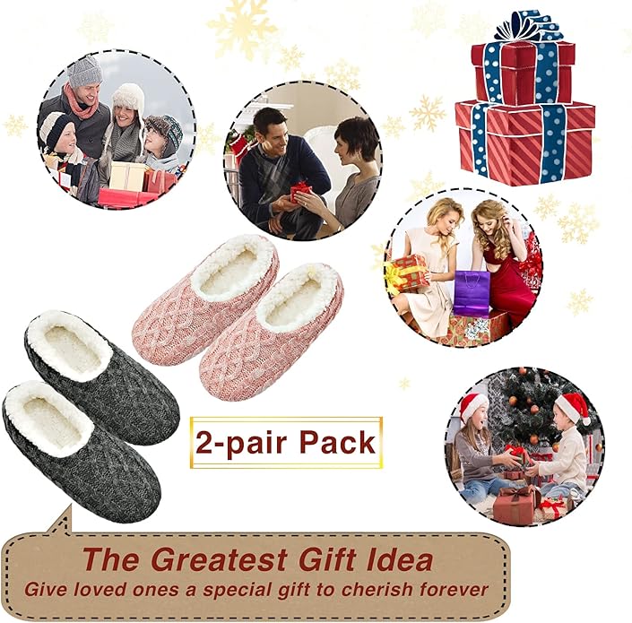 cosyone1997 2-Pair Thick Warm Fuzzy Slippers for Women Indoor Fluffy Sherpa Lined, Winter House Shoe Socks Non-Slip Soft Soles, Cozy Christmas Gifts
