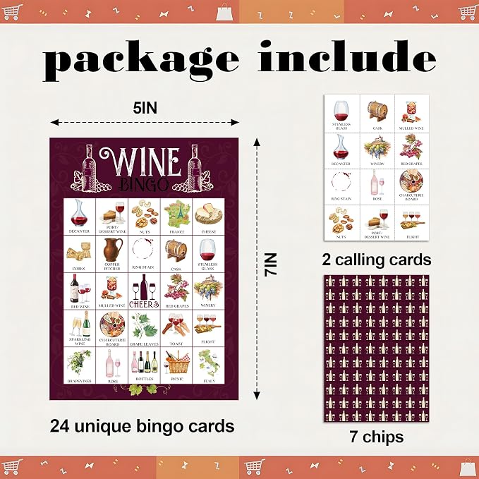 Wine Bingo Game Cards, Tasting Bingo Set for Adults Large Group, Winery Themed Fun Games, Wine Tasting Bridal Shower Party Activities, Icebreaker Games for Family Friends -24