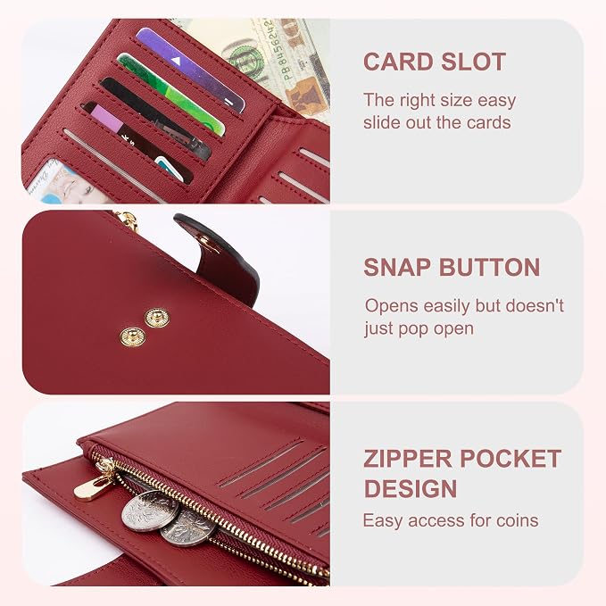 yiijay Womens Wallet RFID Blocking Leather Trifold Clutch Wallet Credit Card Holder Ladies Travel Wallet Purse with Passport/Pen Holder