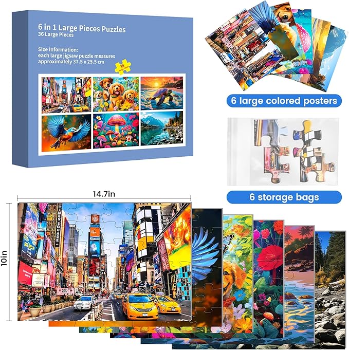 36 Large Piece Puzzles for Seniors 6 Pack,Dementia Puzzles Turtle Dog Bird Mushroom Beach Lake Jigsaw Puzzle Dementia Alzheimer's Products and Activities for Seniors Elderly Adult