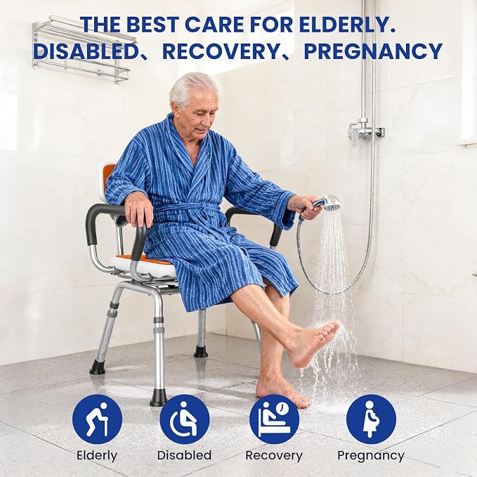 360 Swivel Shower Chair with Arms and Back, Heavy Duty [300 lbs] Padded Bath Seat for Inside Shower, Height Adjustable Rotating Shower Stool for Seniors, Elderly, Disabled & Bariatric Adults, Orange
