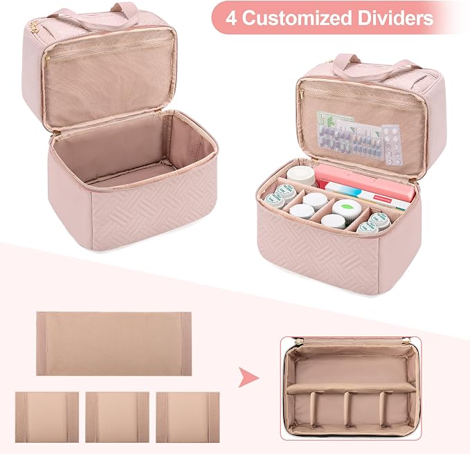 Damero Double Layers Pill Bottle Organizer Empty with 4 Customized Dividers | Lockable Medicine Storage Bag Medication Travel Bag for Prescription Bottles, Medical Supplements, Misty Rose