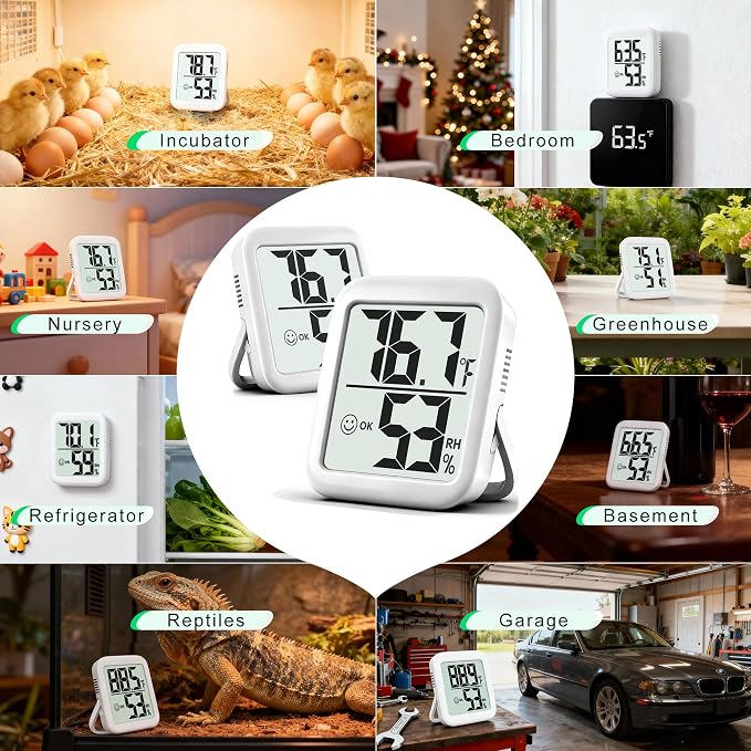 2 Pack Room Thermometer Indoor Hygrometer | Monitor Temperature & Humidity, Accurate, Fast Read, Easy To View, Magnetic/Kickstand/Hanging, ℉/℃, w/ Battery, Compact