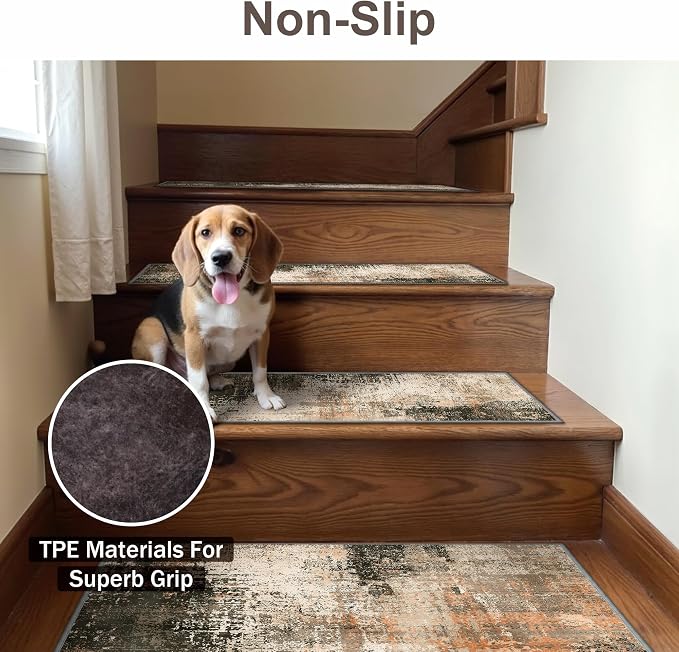 SARBEN 30"x30" Non Slip Stair Treads for Wooden Steps 1 Pack,Chestnut Smoke | Peel and Stick Carpet Stair Runner with TPE Adhesive Backing, Carpet for Added Safety, Pet and Senior Friendly
