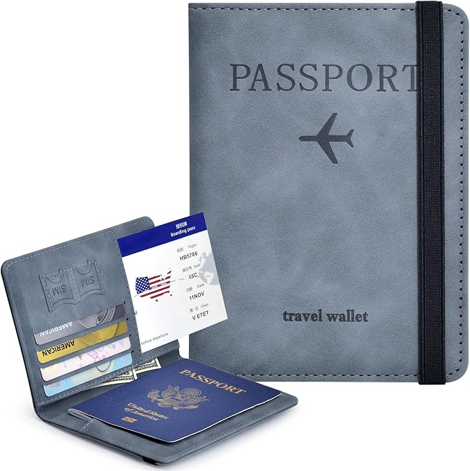Passport Holder, Passport Cover with Credit Card Slot and Boarding Pass Slot Combo, Passport Wallet Case Book Travel Must Have, RFID Blocking Leather Travel Accessories, Marine Grey