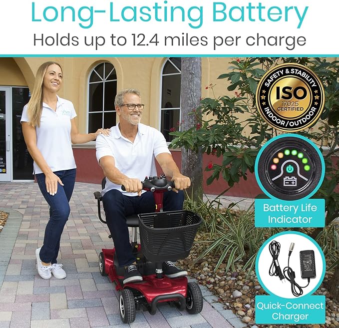 Vive 4 Wheel Mobility Scooter - Electric Powered Wheelchair Device - Compact Heavy Duty Mobile for Travel, Adults, Elderly - Long Range Power Extended Battery with Charger & Basket