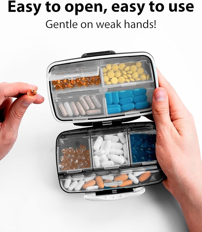 Travel Pill Organizer - Airtight Medicine Case for Traveling Portable Pharmacy Box with Labels Vitamin Container 8 Compartment Supplement Medication Holder Large Capacity Daily (Black)