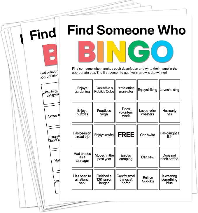 Find Someone Who Bingo Cards, 25 Unique Randomized 5x7 Sheets, Get to Know You Bingo Game for Adults, Ice Breaker Office Party Games, Team Building Games for Work, High Replay Value - B003