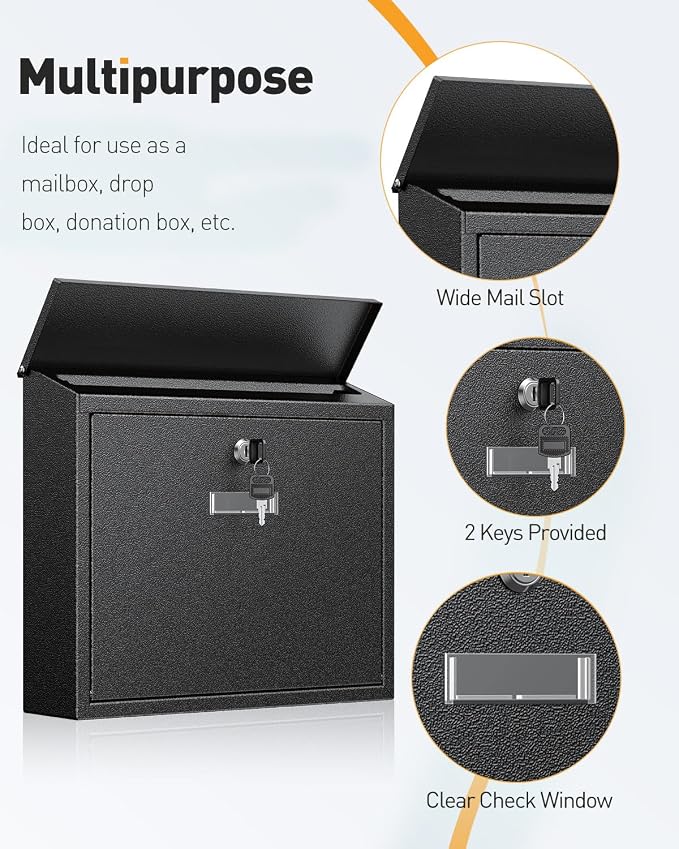 Uniclife Wall Mount Mailbox for Outside, Large Mailbox with Key Lock | Security Mail Box, Postbox for House, Safe Key Drop Case, Steel Cash Drop Case for Home Office School, Black