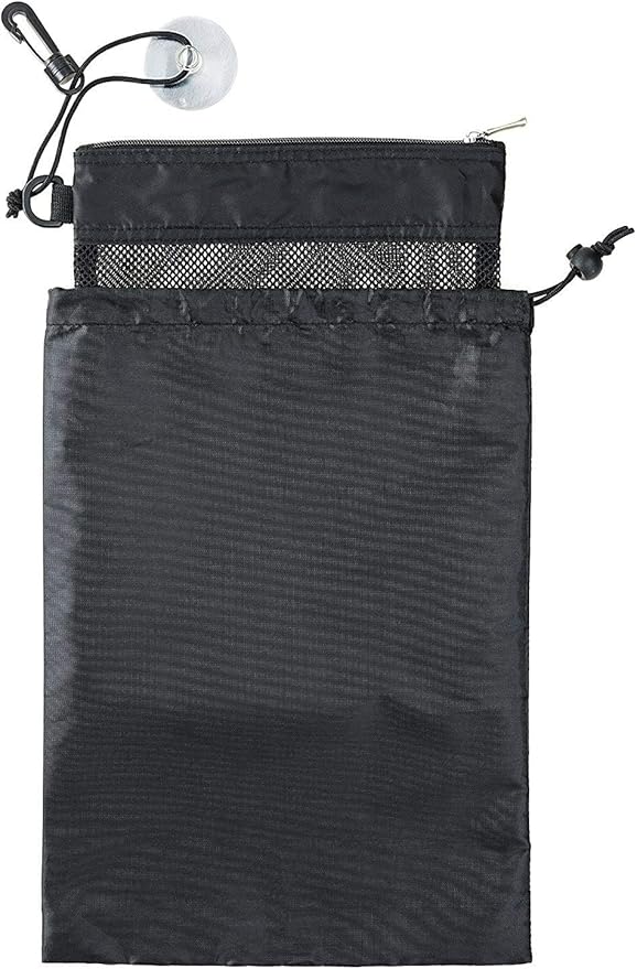 Shower Bag Tote, Mesh Caddy Toiletry Organizer 12”L x 9”W, Compact and Lightweight With Suction Cup, Cord for Hanging, Zipper and Drawstring Pouch 14”L x 10”W, Black