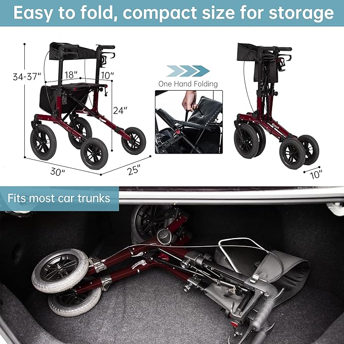 ELENKER All-Terrain Rollator Walker with Non-Pneumatic Tire 12” Front Rubber Wheels, Compact Folding Design for Seniors, Red