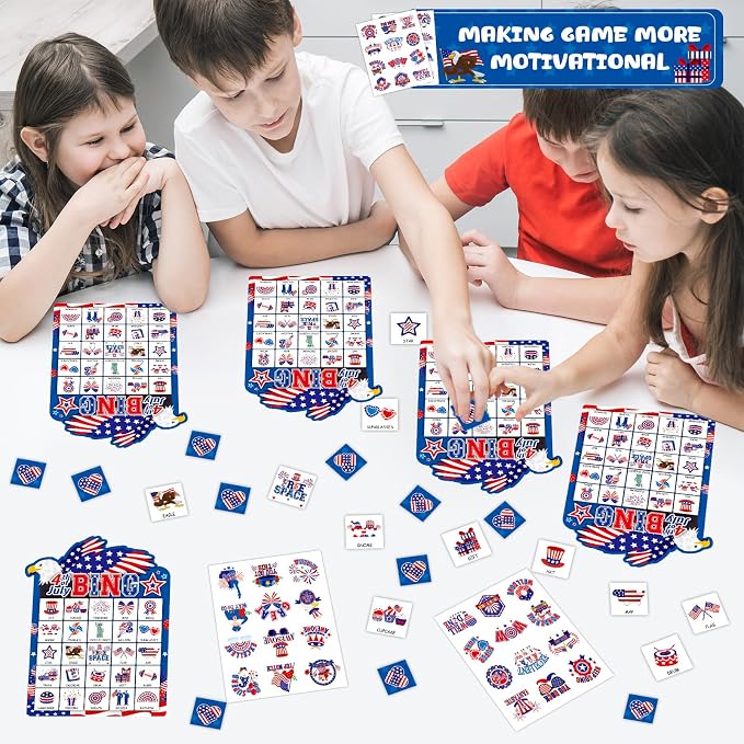 39Pcs 4th of July Bingo Game for Adults Kids 24 Players Eagle Shape Bingo Game Cards with Reward Stickers for Family Friend Student Large Group Activities Independence Day Patriotic Party Favors