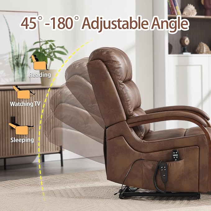 Power Lift Recliner Chair for Elderly People, Dual Motor Lift Chair with Vibration Massage and Heat, Lay Flat Recliner with Solid Wood Armrest, Standing Assistance Reclining, Faux Leather Brown