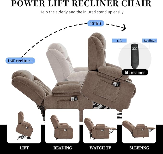 Power Lift Recliner Chair for Elderly with Massage and Heat, Recliner Chairs for Adults, Upgraded Fabric Reclining Sofa Chair with USB & Type-C Ports, L1288 (Coffee Brown)