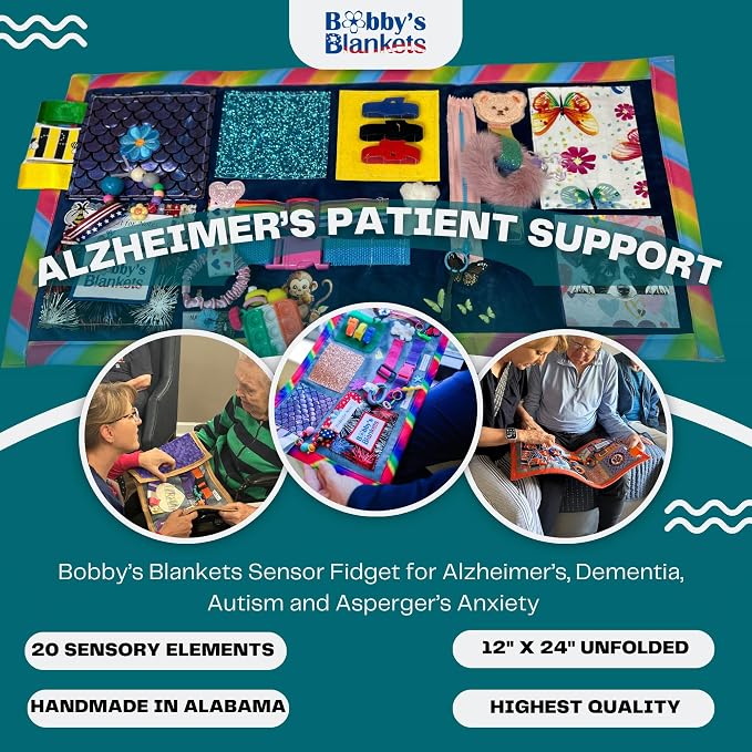 Bobby’s Blankets Premium Sensor Fidget for Alzheimer’s, Dementia, Autism, Asperger’s, Anxiety; Calming Comfort with 20+ Fidget and Texture Elements; 12”x24”