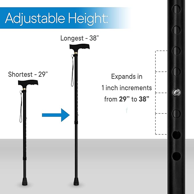 RMS Walking Cane - Adjustable Walking Stick - Lightweight Aluminum Offset Cane with Ergonomic Handle and Wrist Strap - Ideal Daily Living Aid for Limited Mobility
