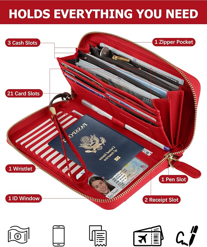 Large Travel Wallet for Women | RFID Blocking Zipper Wallet,Passport Holder Clutch with Wristlet