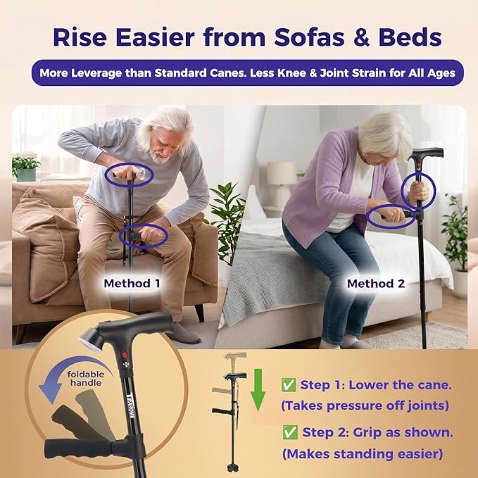 Walking Cane for Men & Women, 3-in-1 Folding Cane with Alarm and Light, Adjustable, Collapsible Walking Stick for Seniors Balance with a Second Handle