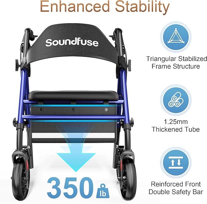 Rollator Walkers with Seat for Seniors, Foldable 8" Big Wheels All Terrain Rolling Walker, Handles and Ergonomic Seat Height Adjustable, 350lb Weight Capacity