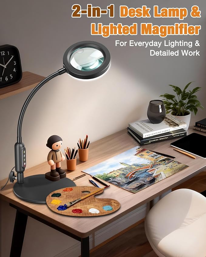 30X 10X Magnifying Glass with Light and Stand, 5 Color Modes Stepless Dimmable, Optical Grade HD Lens, LED Lighted Magnifier Hands Free with 20.5in Flexible Gooseneck for Close Work - Black