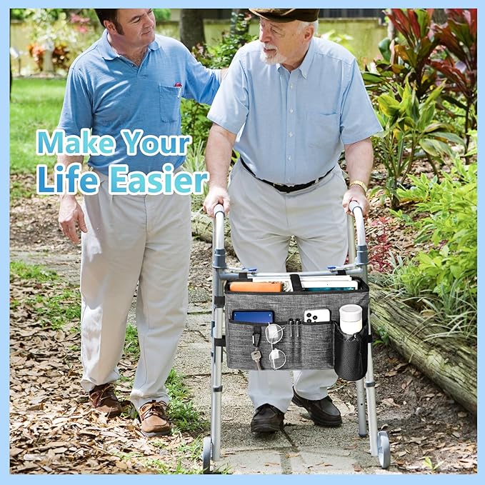 Rhino Valley Walker Bag, Multi Pockets Folding Walker Basket Tote Bag with Cup Holder, Hand-free Carry Pouch Storage Bag for Universal Walkers, Large Capacity Organizer for Seniors Elderly, Gray