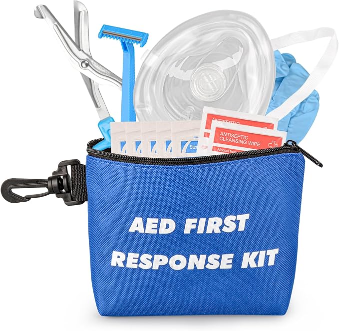 AED First Responder Kit with CPR Rescue Mask, Disposable Razor, EMT Trauma Shears, Gloves, Gauze Pads, Antiseptic Wipes for AED Training, CPR AED First Aid Accessory Kit with Blue Nylon Bag