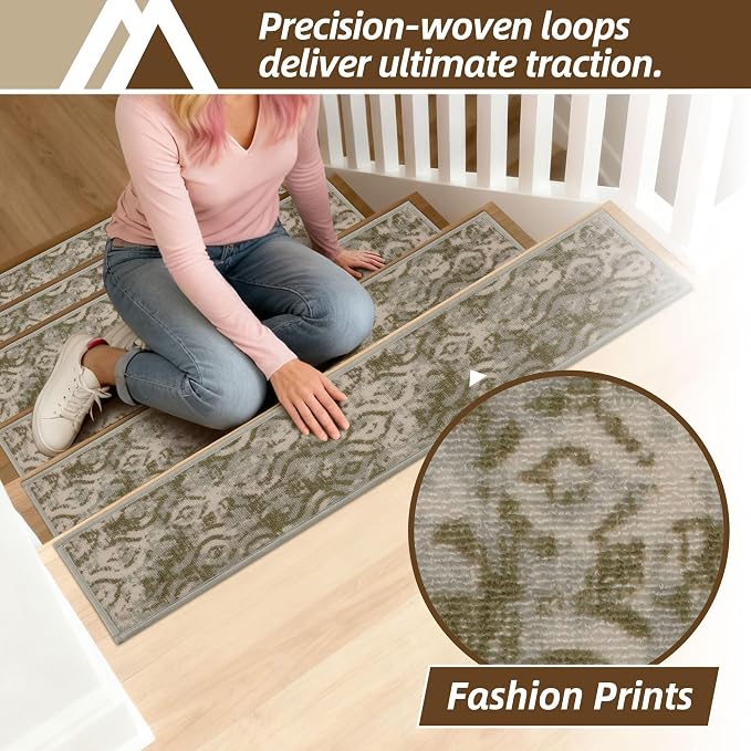 COSY HOMEER Stair Treads for Wooden Steps Indoor with TPE Backing,15Pcs | Non-Slip Carpet Stair Treads, Soft Peel and Stick Stair Runners,Pet-Friendly Stair Runner Washable Reusable,Willow