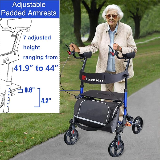 Aliseniors Upright Walker with Seat for Seniors, Extra-Wide Foldable Stand Up Rollator Walker with Padded Armrests, 8" All-Terrain Wheels, Medical Rolling Walkers for Adults, Supports 300lbs, Blue