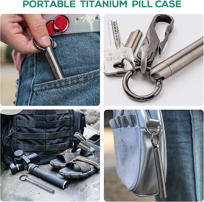 TISUR Large Keychain Pill Holder, Titanium Pill Case Waterproof Pill Fob for Travel Purse Pocket,Pill Organize | Waterproof Pill Fob,Portable Pill Box Container,Purse Pill Organizer Tube