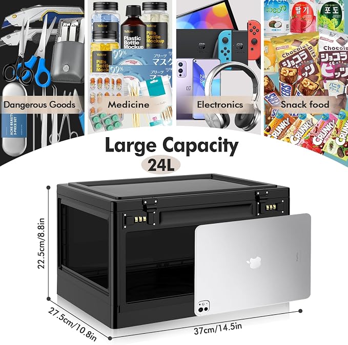 Extra Large Lock Box for Medication Safe, Medicine Lockable Storage Box with Code, Phone Lock Boxes for Video Games, Box with Combination Lock for Snacks/Food, Locking Cabinet for Home/Office (Black)