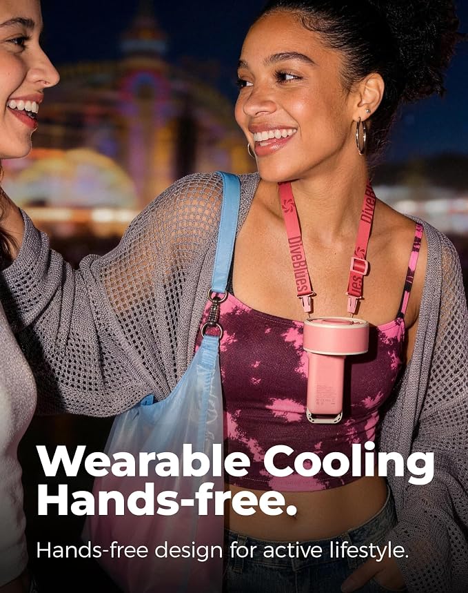Diveblues Portable Turbo Fan, Pink Travel Fan, Wearable Neck Fan | Small High Speed Handheld, 180° Foldable 4-in-1, Personal Neck Fan with Carabiner Clip, 100 Speed Stepless Control