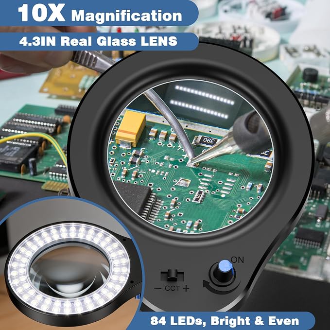 10X Magnifying Glass with Light and Stand, 5 Color Modes Stepless Dimmable LED Magnifier, Hands Free Desk Lamp with Clamp for Close Work Craft Reading Repair