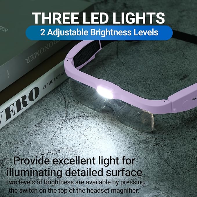 YOCTOSUN Headset Magnifier Glass with 3 LED Lights, Storage Case, Head Strap and 5 Detachable Lenses 0.75X,1.25X,2.0X,3.0X 4.0X, Magnifying Glasses for Close Work, Jewelry, Hobby, Crafts