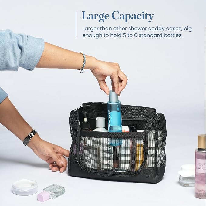 The Fine Living Portable Latex Mesh Shower Caddy Bag Hanging Black 12x3x8” | Gym Shower Caddy Tote bag, Hanging Organizer with Metal Hook, Dorm Room Essentials, Travel Toiletries, Camping RV Essentials