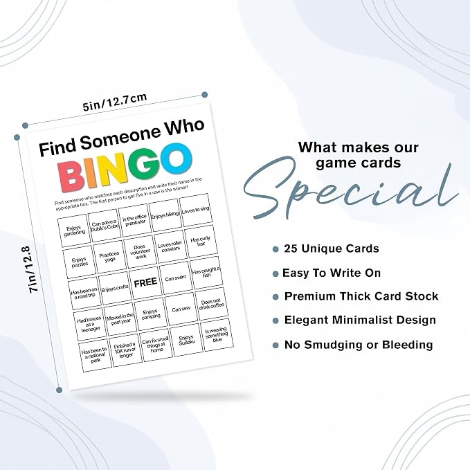 Find Someone Who Bingo Cards, 25 Unique Randomized 5x7 Sheets, Get to Know You Bingo Game for Adults, Ice Breaker Office Party Games, Team Building Games for Work, High Replay Value - B003