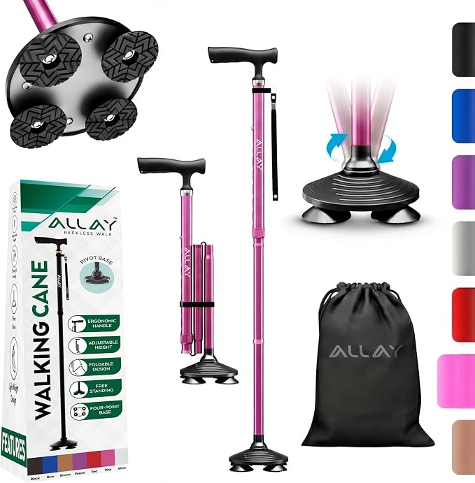 Allay Walking Canes for Men & Women - Adjustable Canes for Women for Stability, Self Standing Wide Quad Pivot Base, Light Weight, Soft Handle Grip and Travel Bag, Walking Sticks for Seniors