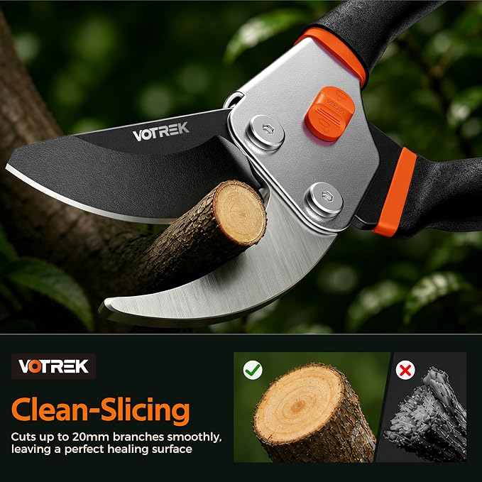 VOTREK® 8.5" Bypass Pruning Shears, Jam-Proof Spring Clippers for branches | Sharp & Anti-Rust SK5 Blade, Ergonomic Non-Slip Grip for Weak Hands, Garden Pruner for Rose, Bonsai, Heavy Duty Tree Trimming