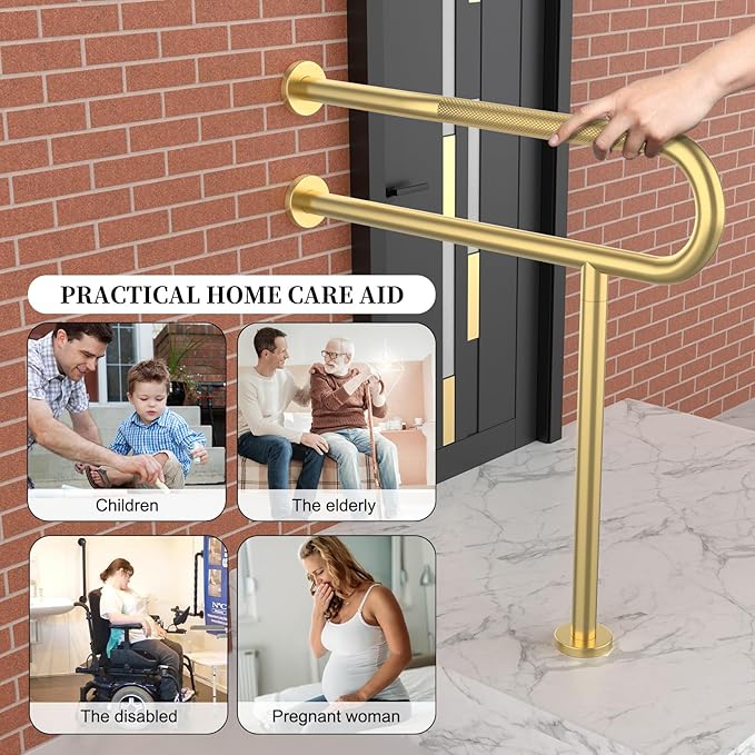 Toilet Support Rail 31.3X 31.5 Inch, Munzong Anti-Slip Gold Handicap Grab Bar for Bathroom, Stainless Steel Knurled Safety handrails with Leg for Elderly Disabled Pregnant-1.25’Tube