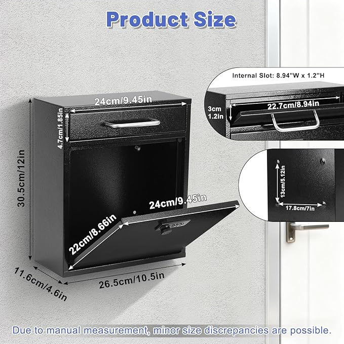 KYODOLED Wall Mount Mailbox for Outside, Combination Lock, Large, Black | Sturdy Steel, Anti-theft Large Drop Box, Ideal for Home, Office, School Daily Mail/Key/Cash Storage, 12H" x 10.5L" x 4.6W"