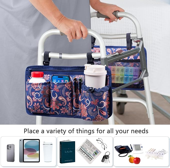 BAGSFY 2-Pack Walker Side Bag, Universal Walker Accessories with Cup Holder, Waterproof Folding Walker Organizer Caddy Pouch for Most Walkers with Side Bars, Double-Sided Storage for Seniors & Elderly