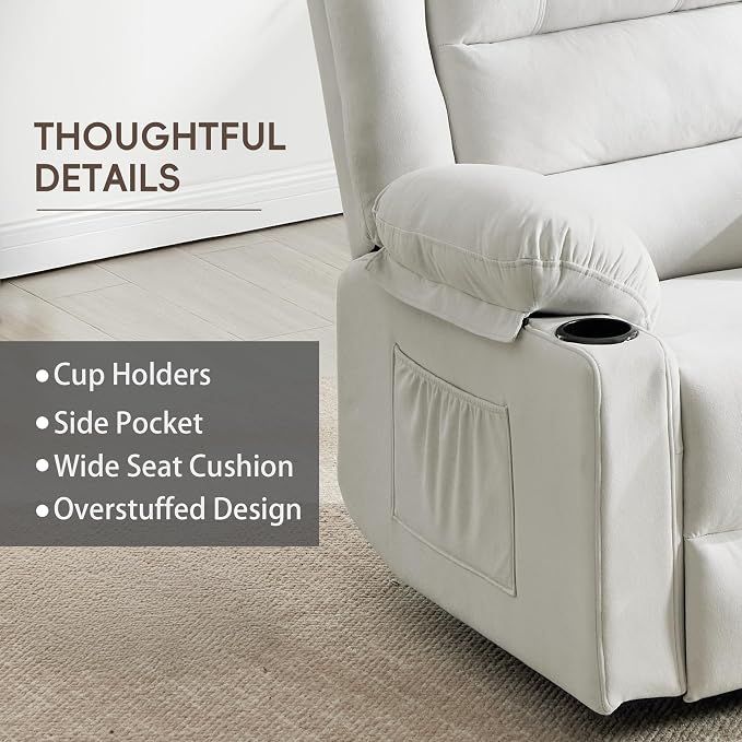 Ketaiyou Swivel Rocker Recliner Chair for Adults with Massage and Heat, Cup Holders and Side Pockets, Glider Rocking Reclining Single Sofa Chair for Living Room(Beige2)