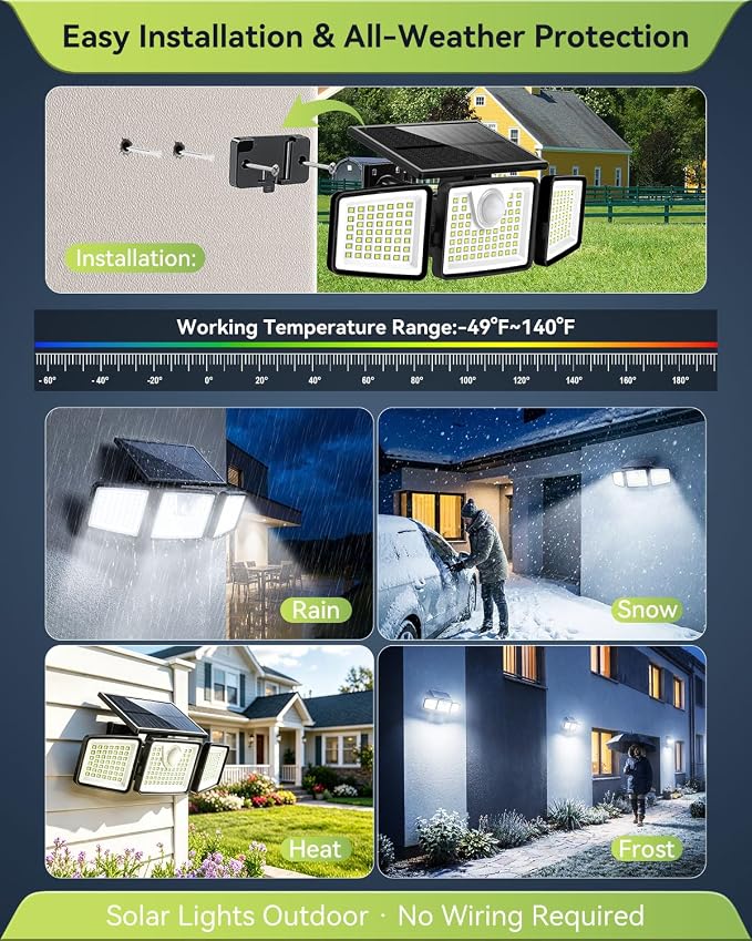daphino 2500LM Solar Lights, Motion Sensor Outdoor Lights, 3-Head, 3 Pack | 270° Wide-Angle Street & Area Coverage, IP65 Waterproof Security Lighting, 3 Lighting Modes, Remote Control