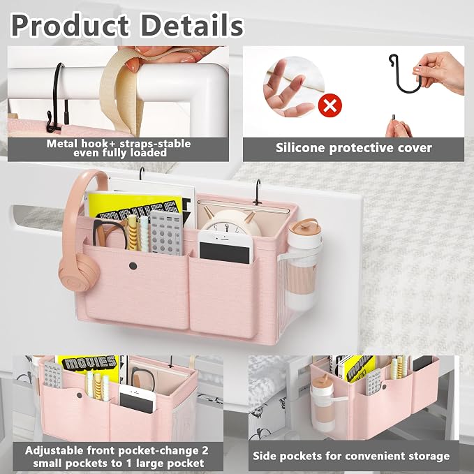 Bedside Caddy Bedside Storage Hanging Organizer for Bunk Dorm Bed Rail | Bed Caddy with Hooks, Top Bunks and Dorm Essentials for Water, Tissues, Tablets, Books, Phones, Remotes and Other Necessories