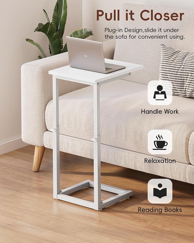 C Shaped End Table, 33"C Table End Table Adjustable Height, Small Side Table for Couch, Tv Tray Table for Small Spaces, Couch Table That Slide Under, Sofa Table for Living Room,Bedroom, White