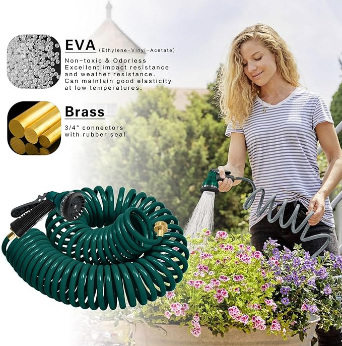 Coil Hose 25FT EVA Coil Garden Hose With 3/4'' Brass Connector Coiled Water Hose Lightweight And No Kink Includes 7 Patterns Spray Nozzle For Outdoors Lawn Watering Car Washing