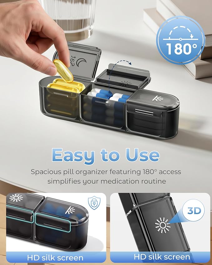 Windtrace Pill Organizer 3X a Day - Midnight Black Portable Pill Case | Easy Carry, 3x Daily, Fade-Proof, Bold Labels, Arthritis-Friendly, One-Handed, Spill-Proof, Double-Layer, ABS Shell