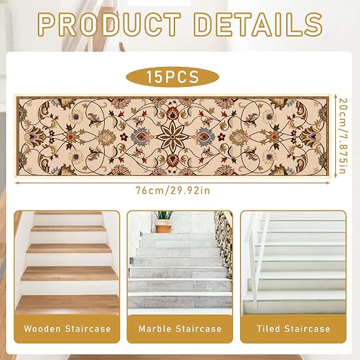 Vintage Stair Treads for Wooden Steps, 15 Pack Stair Runners Non Slip Indoor 8" X 30", Washable Carpet Rugs with Silicone Backing for Kids Elders and Dogs