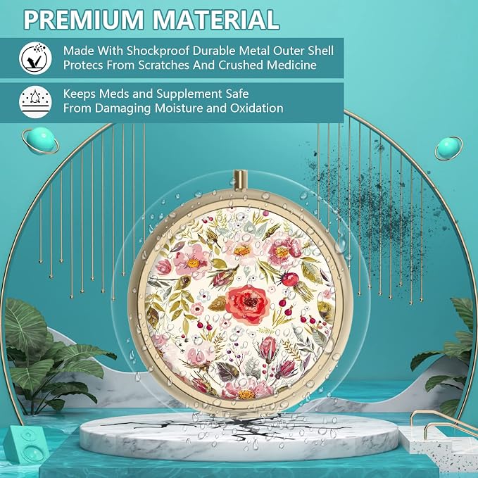 Pill Organizer Pill Box with Mirror Retro Small Pill Case for Purse or Pocket Bronze Pill Box or Vitamins, Fish Oil, Supplements, Pill Containe Travel Gifts（4PCS-Retro Floral）